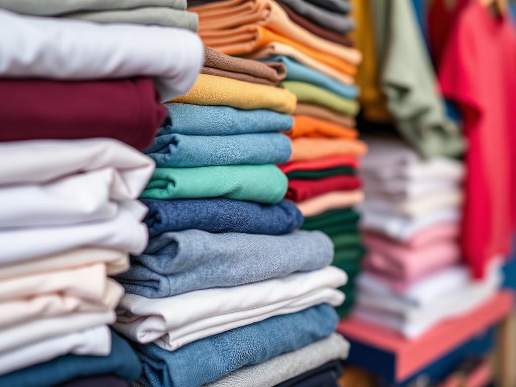 Pilhas de camisetas e peças de confecção coloridas em um box do CPC